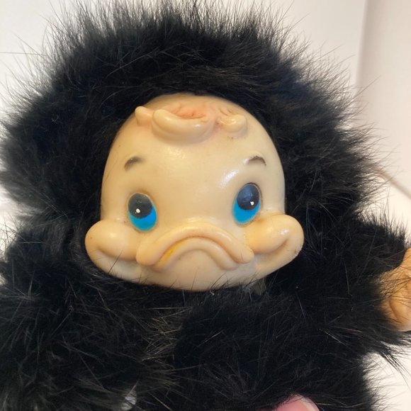 Vintage 6" Furry Baby Duck Doll Figure Black Fuzzy Bundle Plastic Head - Picture 8 of 9